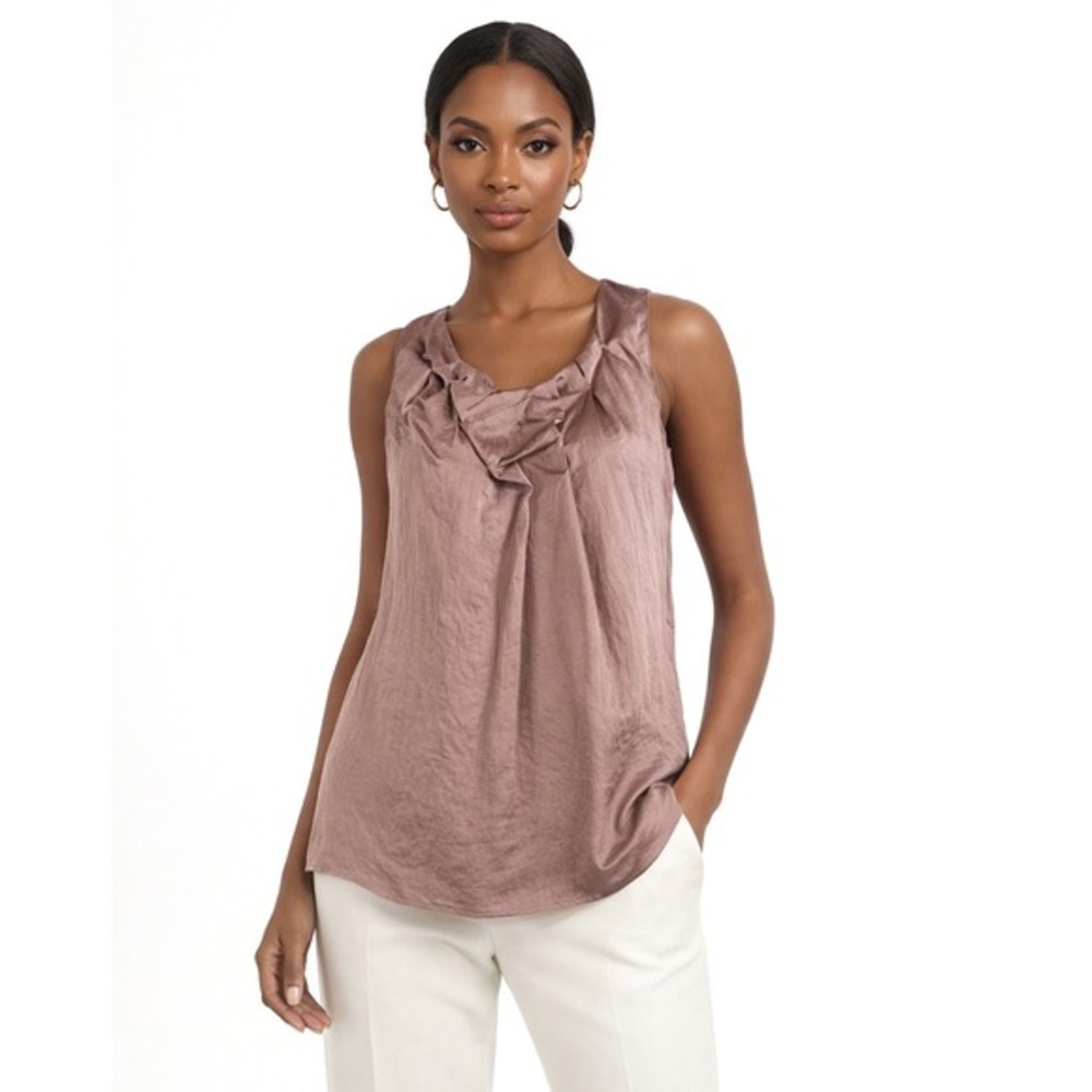 Ann Taylor Loft Mauve Pleated Neck Sleeveless Blouse Top M Preppy Career 84-36
